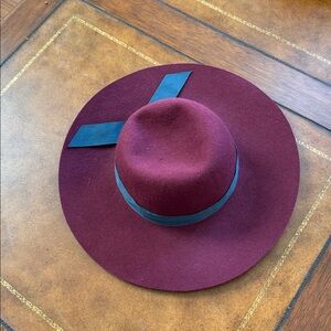 Anthropologie burgundy Hat with Dark Ribbon, 100 % wool